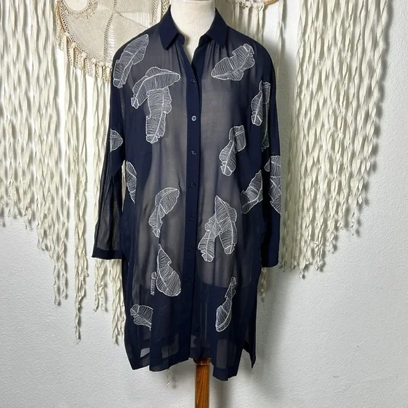 Lafayette 148 New York Kyrie Navy Sheer Silk Georgette Shirt Small